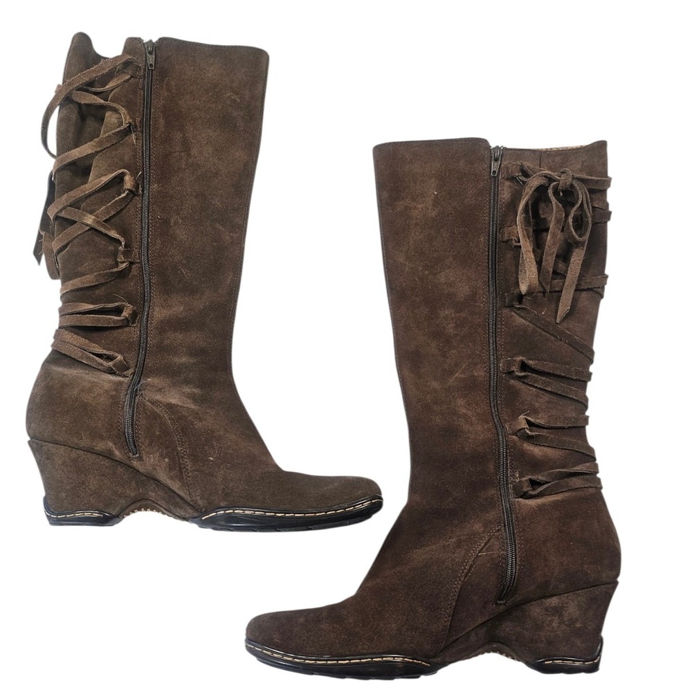 Sofft Brown Suede Lace Up Back Wedge Tall Boots Womens Chocolate Side Zip 10